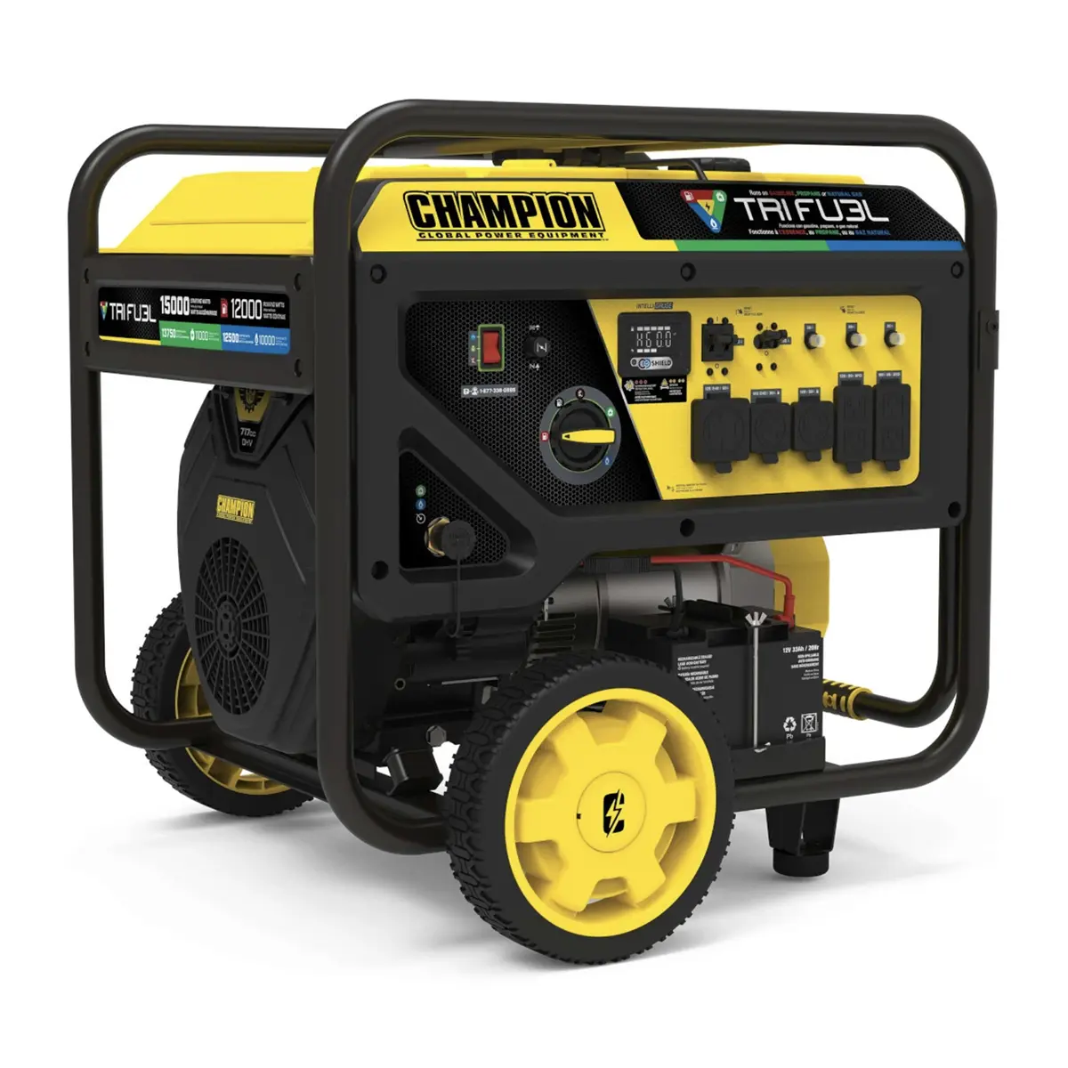 Champion-12000-Watt-Tri-Fuel-Generator-with-open-frame-steel-design.webp Champion 12000 Watt Tri Fuel Portable Generator Electric Start with CO Shield - Image 1
