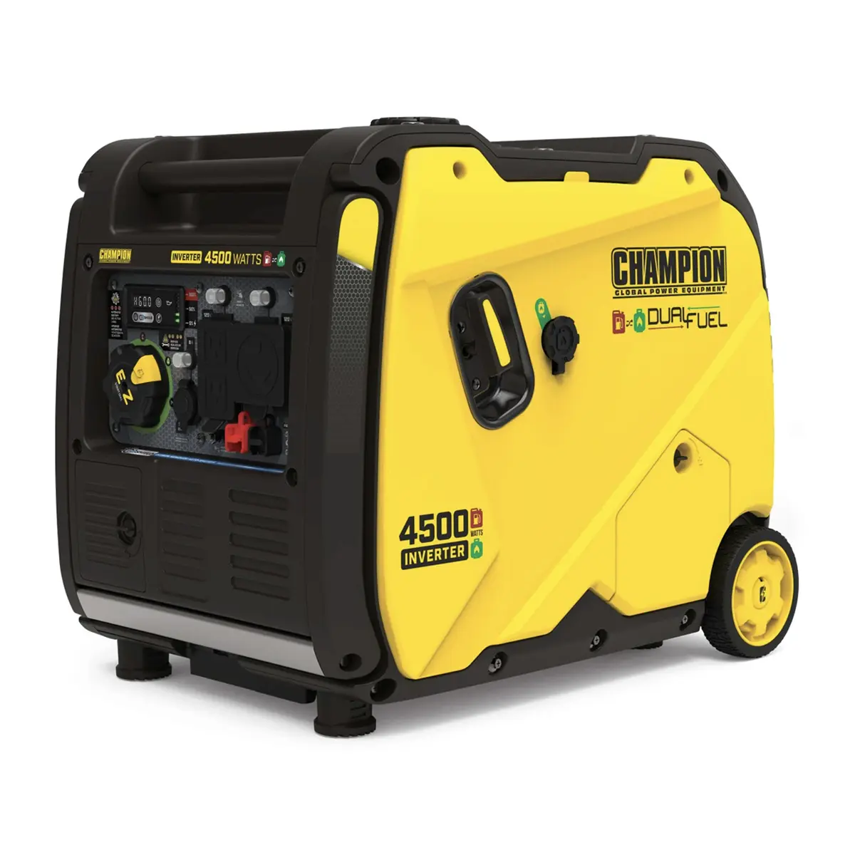 Champion-4500-Watt-Dual-Fuel-Generator-with-electric-start-and-wheels.webp Champion 4500 Watt Dual Fuel Inverter Generator RV Ready Electric Start with CO Shield and Quiet Technology - Image 1